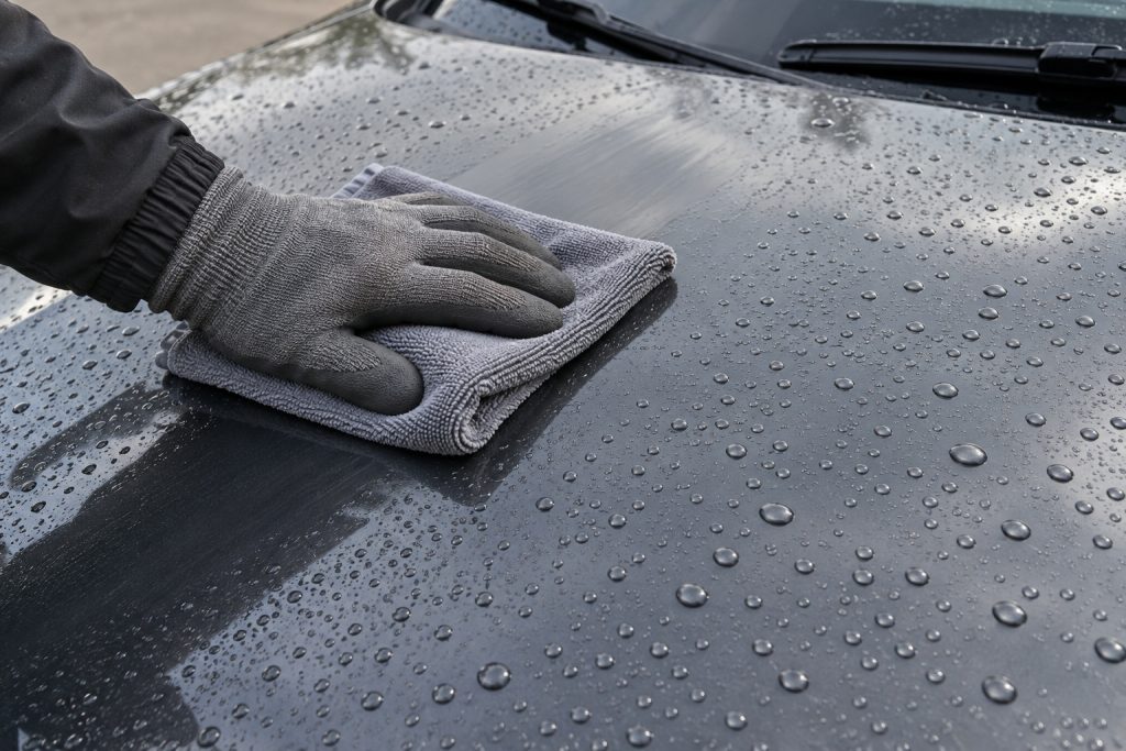 A gloved hand wiping the dark bonnet of a car with a grey microfibre cloth, with water beads on the paint.