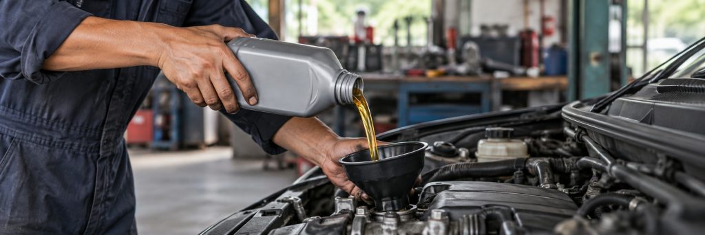 A mechanic pouring oil from a plastic container through a funnel into a car engine.