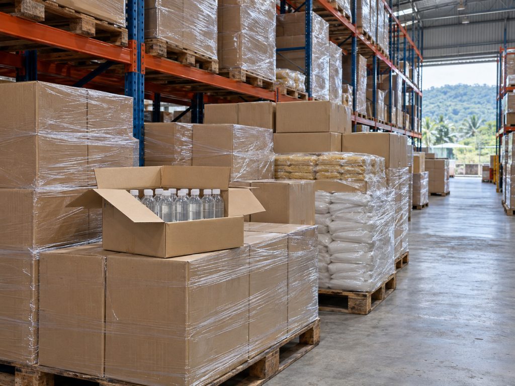 Pallets of wrapped cartons on racking in a distribution warehouse, with an open carton of bottled water.