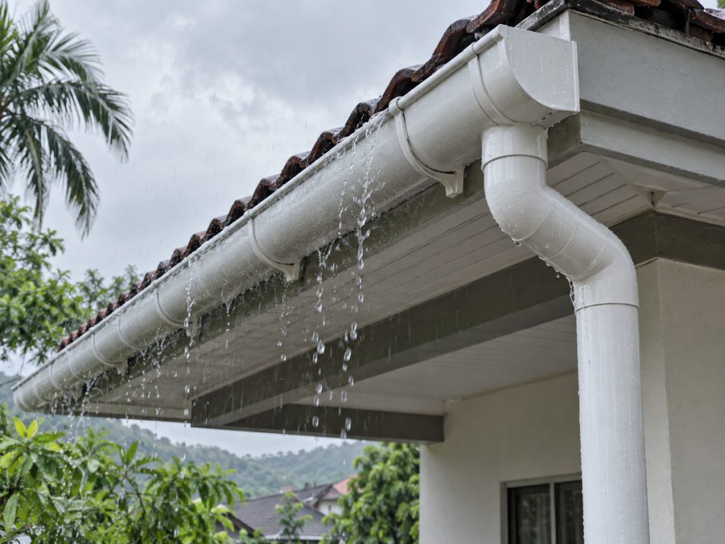A white PVC rain gutter and downpipe on a tiled roof edge with rain running off.