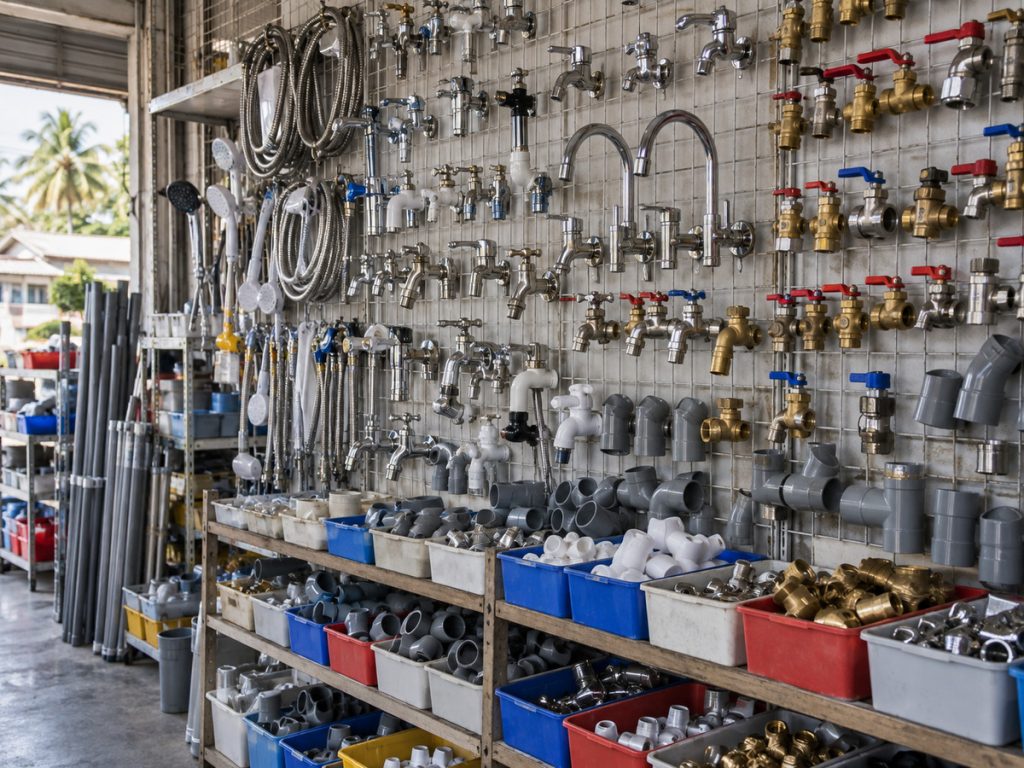 A hardware shop wall with taps, valves and shower hoses above bins of pipe fittings.