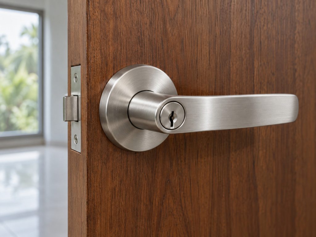 A brushed steel lever handle with a key cylinder on a wooden door.