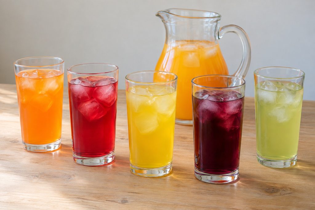 Five tall glasses of iced drinks in orange, red, yellow, dark purple and pale green, with a clear glass jug of orange drink behind, on a light wooden table.