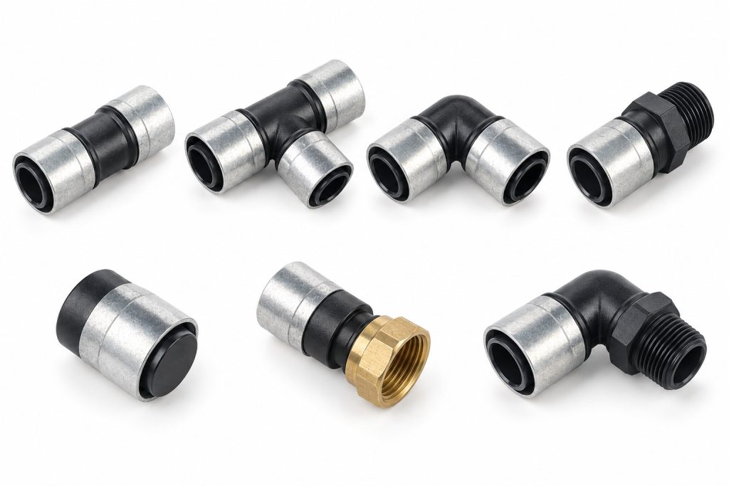 Black fittings with silver sleeves: couplings, a tee, elbows, threaded adaptors, end plugs and a swivel with a brass nut.