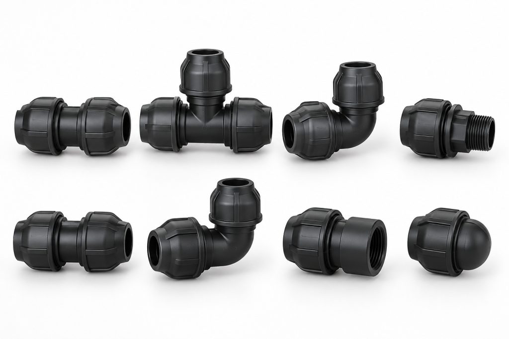 Black compression fittings: couplers, a tee, elbows, threaded adaptors and an end cap.