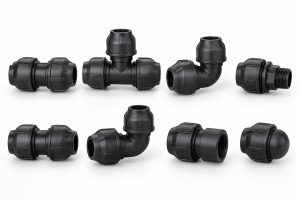 Black compression fittings: couplers, a tee, elbows, threaded adaptors and an end cap.
