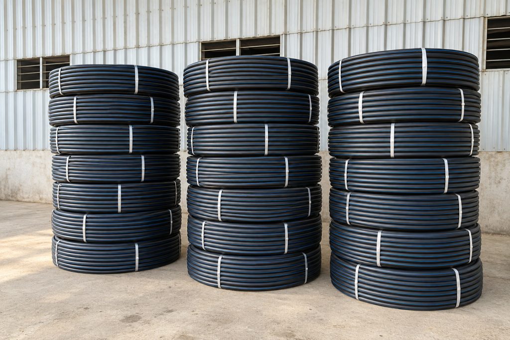 Stacks of black pipe coils with thin blue stripes, tied with white straps, standing on a warehouse floor.