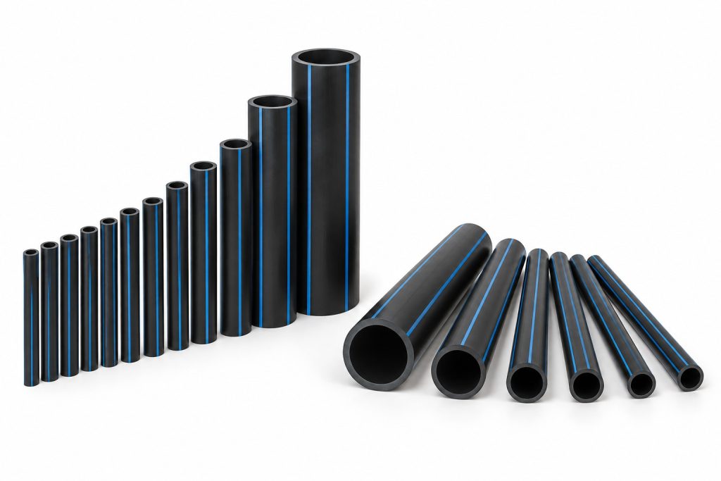 Short lengths of black pipe with blue stripes in several diameters, some standing and some lying down.