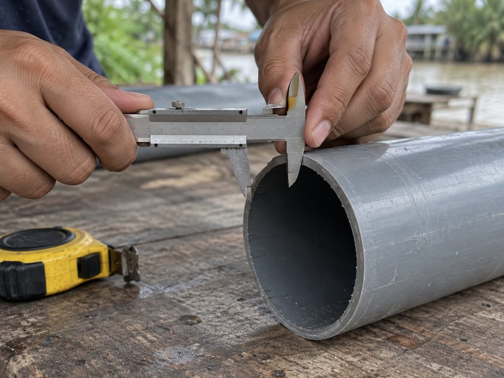 Hands holding a vernier caliper against the wall of a grey PVC pipe, with a tape measure beside it.