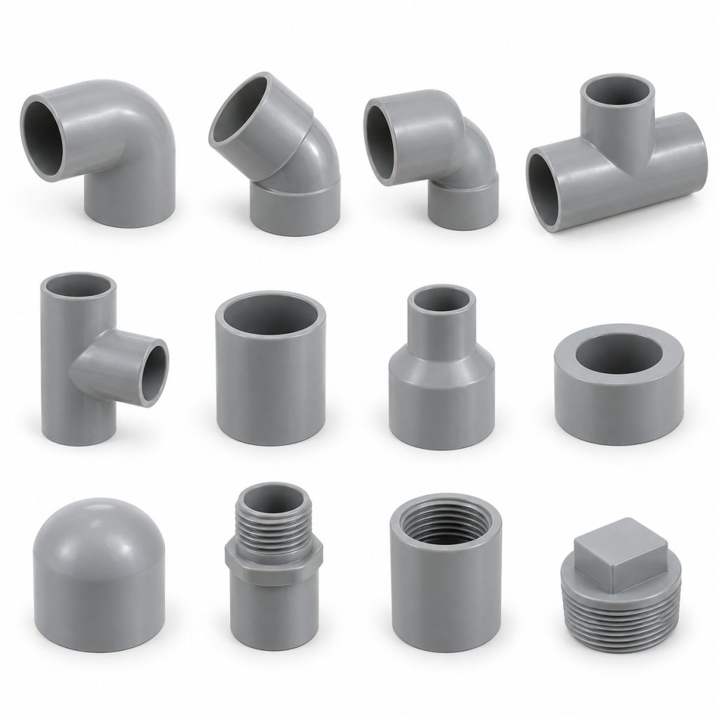 An assortment of grey PVC pipe fittings: elbows, tees, a cross, sockets, reducers, caps and threaded adaptors.