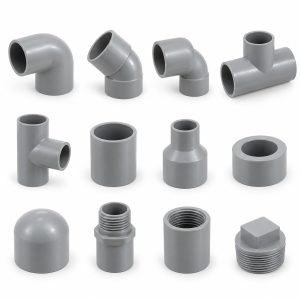 An assortment of grey PVC pipe fittings: elbows, tees, a cross, sockets, reducers, caps and threaded adaptors.