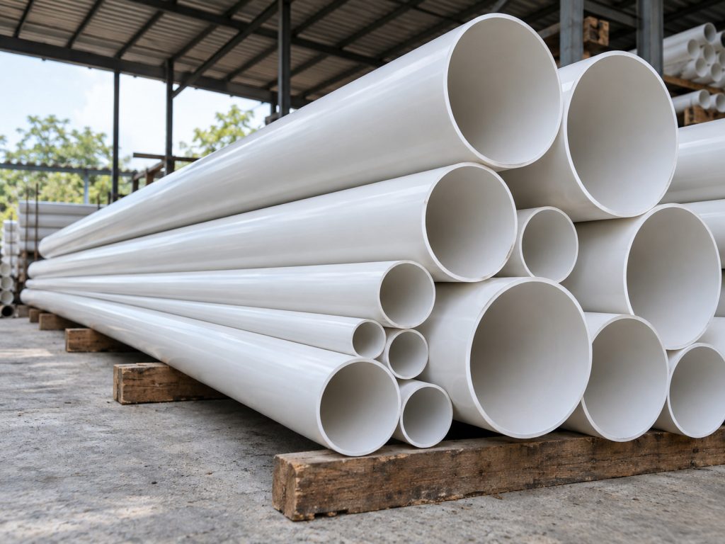 A stack of long white PVC pipes of several sizes on timber bearers under a roofed shed.