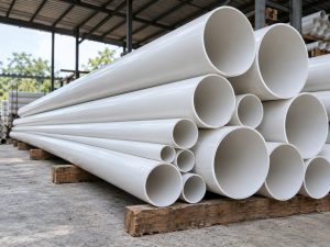 A stack of long white PVC pipes of several sizes on timber bearers under a roofed shed.