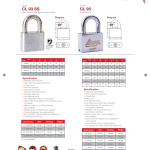 GERE padlock catalogue page, 1 of 3, with two padlock models, diagrams, size tables and specifications