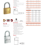 GERE padlock catalogue page, 3 of 3, with a brass padlock and a stainless steel padlock, size tables and specifications