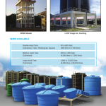 HDPE tank catalogue page showing project photos and the tank size ranges available