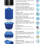 HDPE tank catalogue page listing product features, with pictures of cylindrical, taper, square and rectangular tanks