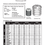 HDPE tank specification page with a model, capacity and dimension table for cylindrical tanks