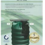 Septic tank leaflet, first page, showing the tank with its inlet and outlet and a list of features