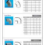 PVC fittings catalogue page, 1 of 15, pressure fittings: elbows, with dimension tables