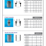 PVC fittings catalogue page, 4 of 15, pressure fittings: valve sockets, tank connectors and double end sockets, with dimension tables