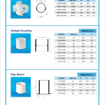 PVC fittings catalogue page, 10 of 15, soil, waste and ventilating fittings: connectors, couplings and sleeves, with dimension tables