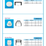 PVC fittings catalogue page, 13 of 15, soil, waste and ventilating fittings: end caps, vent cowl and access plug, with dimension tables